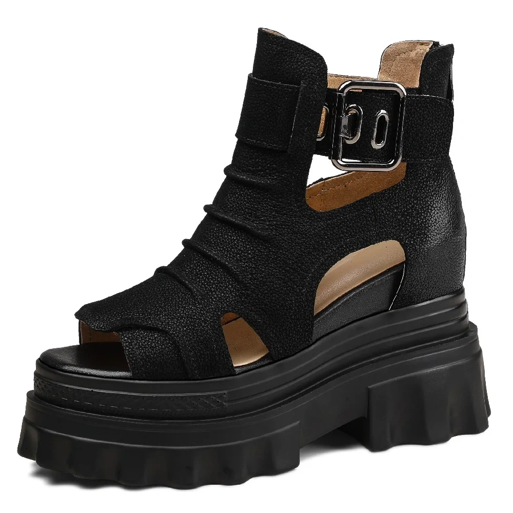 Summer New Slim Height Increasing Platform Peep Toe Metal Buckle Pleated Cut Out Genuine Leather Women Ankle Short Rome Boots