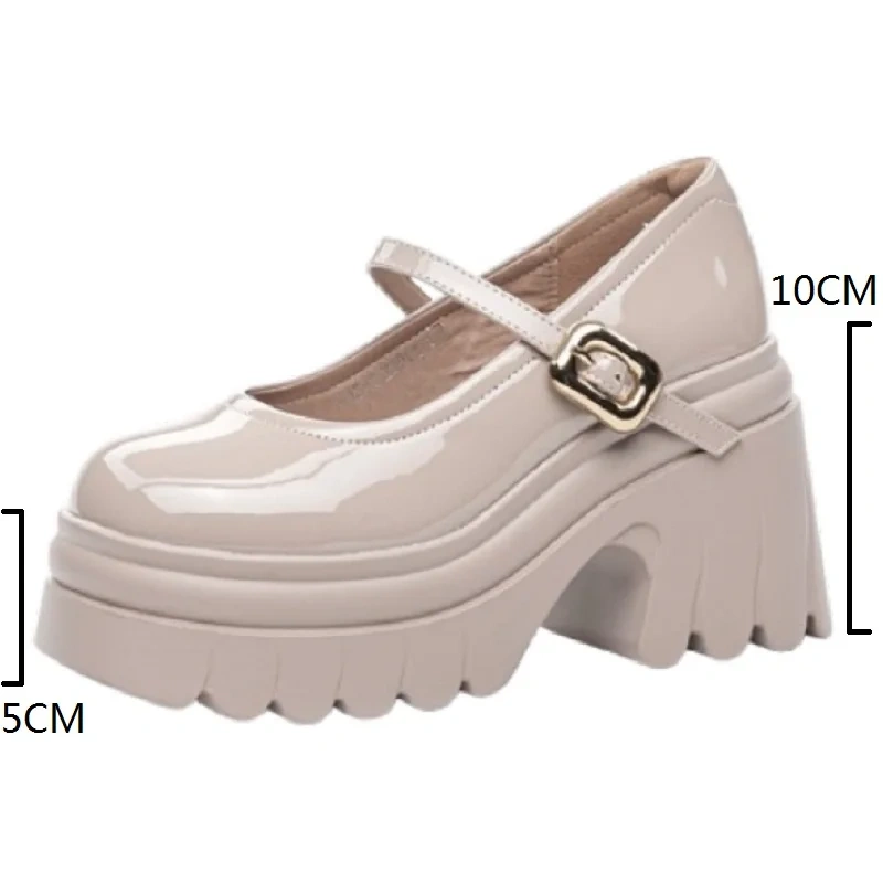 Women's Spring Summer Chunky Heel 10CM Pointed Toe Genuine Leather Buckle Strap Round Toe Breathable British Style Pumps 50714