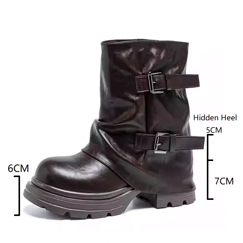 Genuine Leather Women's Autumn Winter New Retro 12CM Hidden Heel Belt Buckle Platform Classic Concise Casual Ankle Boots 51011