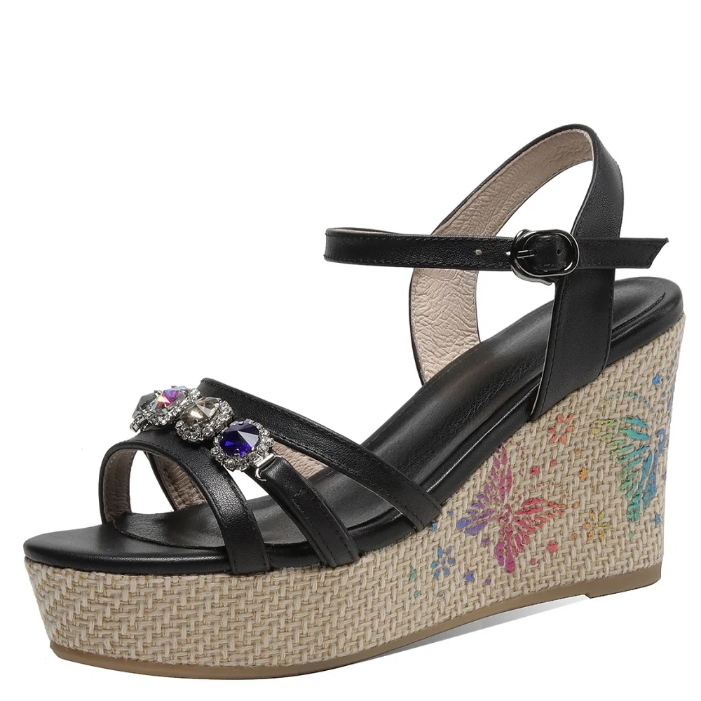 Women's Summer New Slimming 9.5 CM Wedge Heel Printed Genuine Leather Peep Toe Crystals Platform Single Strap Sandals 50610