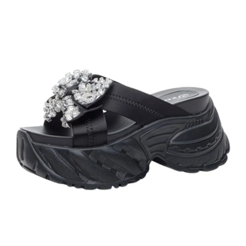 Women's Summer New Fashion 8CM Thick Sole Genuine Leather Platform Bow Peep Toe Crystals Korean Style Slide Sandals 50713
