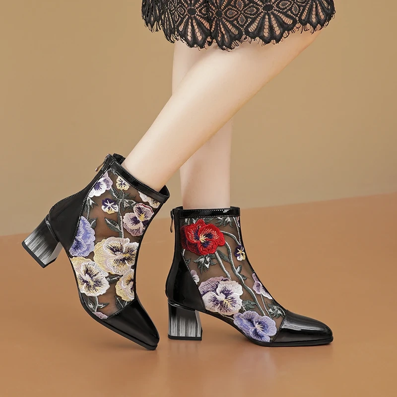 Women Spring 5.5CM Block Heel Genuine Leather & Mesh Embroidery Retro Ethnic Pointed Toe Zipper Ankle Plus Size Long Boots 50621