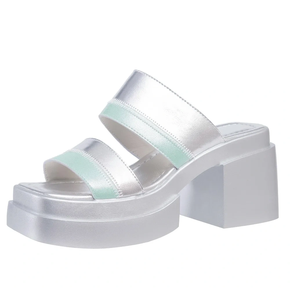 Women's Summer New Slimming 9 CM Chunky Heel Genuine Leather Color Block Platform Peep Toe Square Toe Gladiator Slippers 50610
