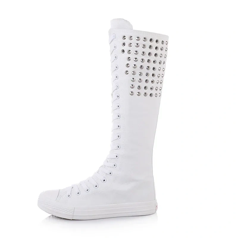 Women Knee-High Long Boots Korean Style Slim High-top Plus Size 42 43 Zipper Cross-tied Rivet Canvas Ladies Dance Shoes 2301