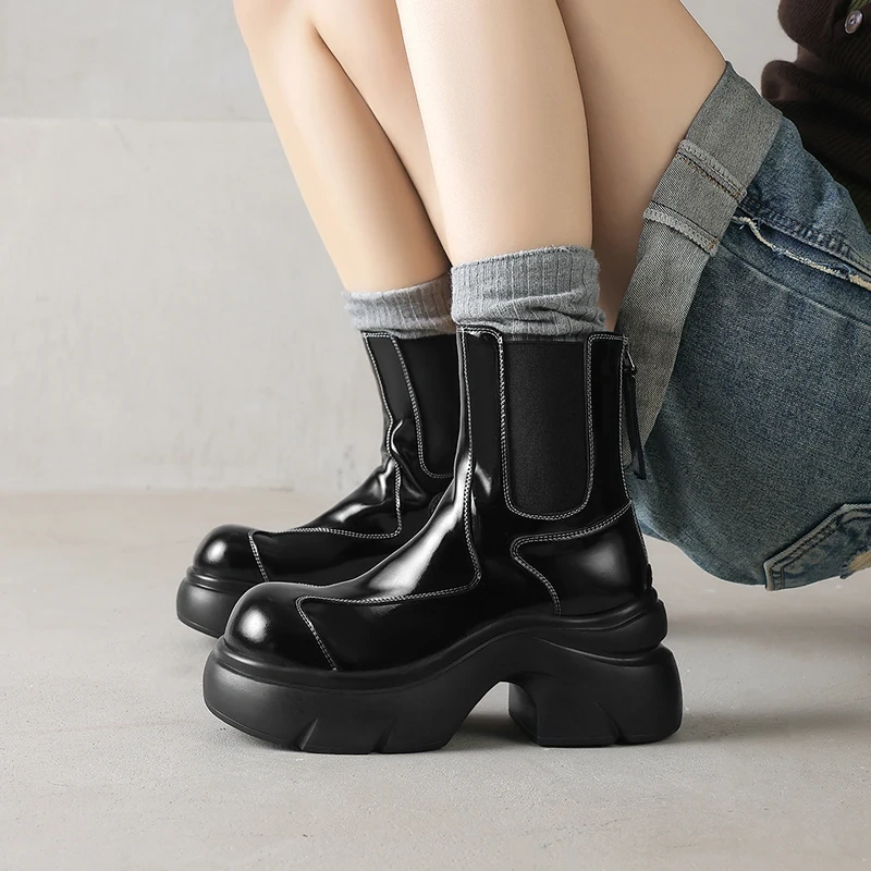 7CM Square Heel Genuine Leather Round Toe Platform Back Zipper Retro Concise 2025 Autumn Winter New Women's Ankle Boots 51030