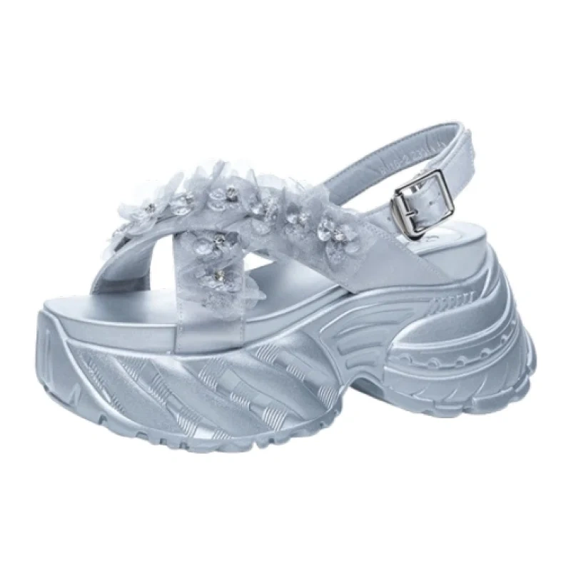 Women's Summer New Slim 8CM Thick Sole Genuine Leather Lace Crystals Buckle Strap Platform Fashion Casual Beach Sandals 50714