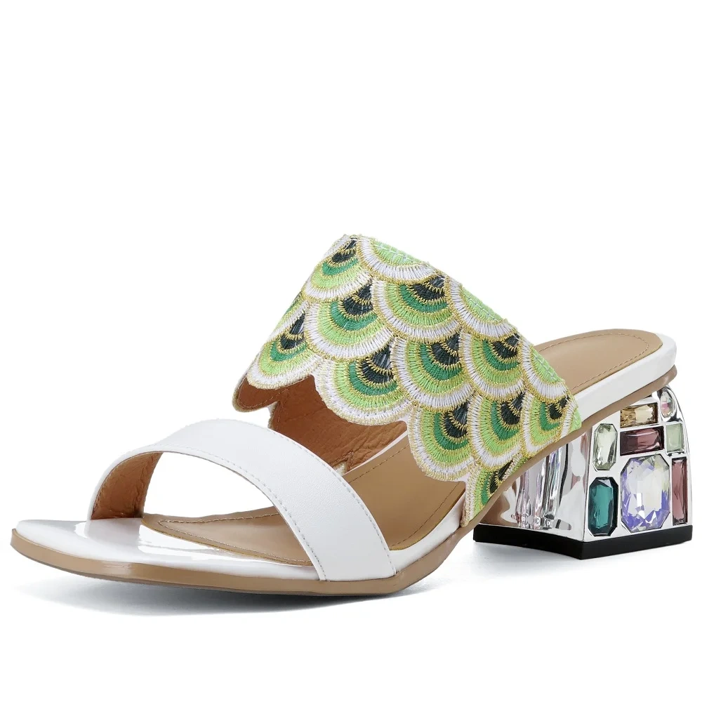 Women's Summer New Slim 5 CM Chunky Heel Genuine Leather Ethnic Embroidered Open-Toe Crystals Gladiator Plus Size Slippers 50623