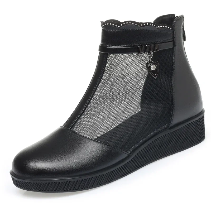 Summer New Fashion Wedges Round Toe Cut Out Mesh Crystal String Bead Sewing Genuine Leather Women Ankle Short Modern Boots 2304
