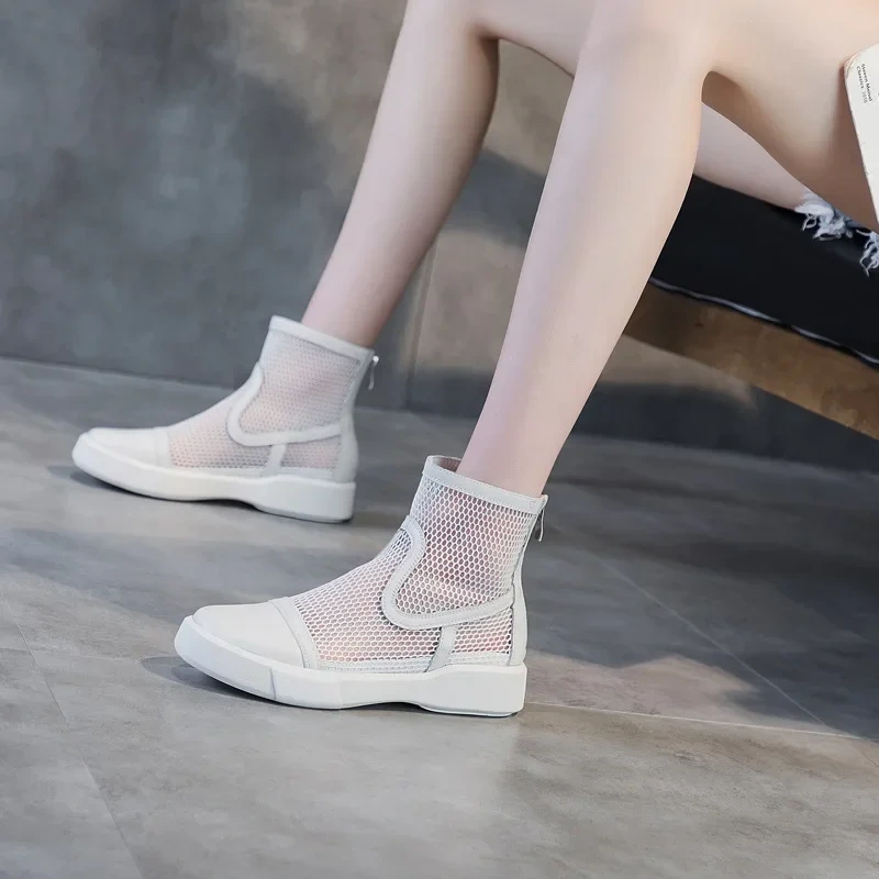 Summer New Korean Style Fashion Chunky Bottom Hollow Cut Out Mesh Patchwork Genuine Leather Women Ankle Short Modern Boots 2303