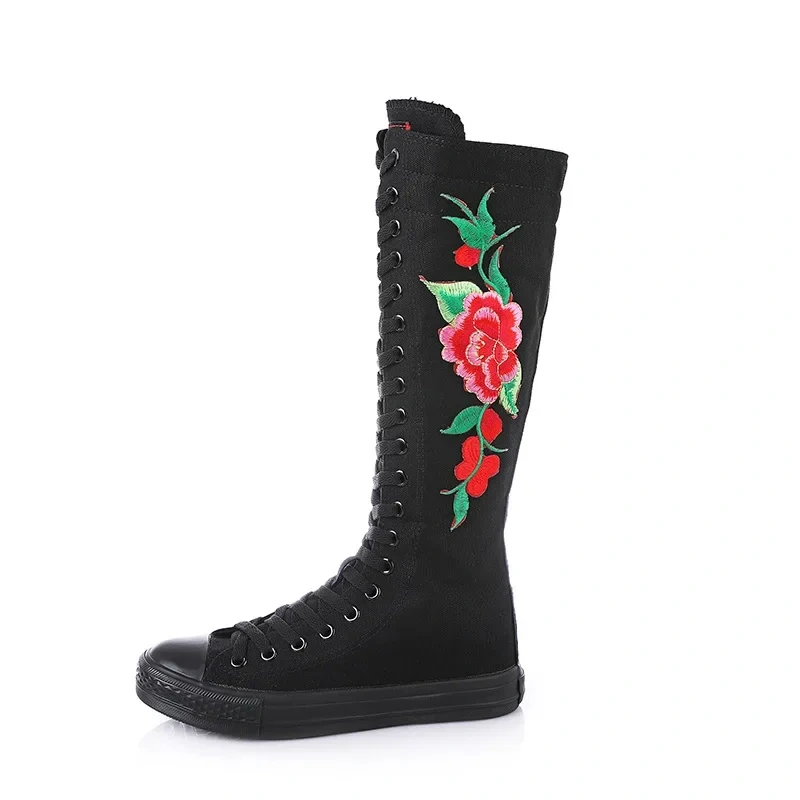 Women Dance Shoes Korean Style Slim Cross-tied Embroider Flowers Plus Size 42 43 Canvas Ladies Knee-High Long Equestrian Boots