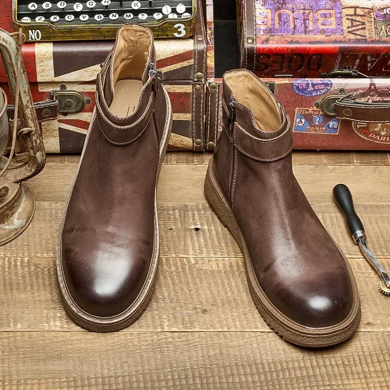 Spring Autmun New British Style Retro Chunky Bottom Sewing Genuine Leather Men Ankle Short Motorcycle Boots Winter Plush 230427