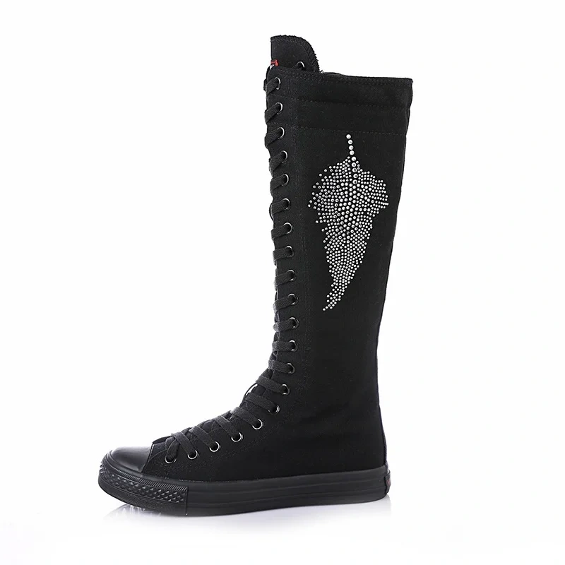 Korean Style Slim Women Knee-High Long Lace Up Boots Flat Heels Cross-tied Crystal Plus Size 42 43 Canvas Ladies Dance Shoes