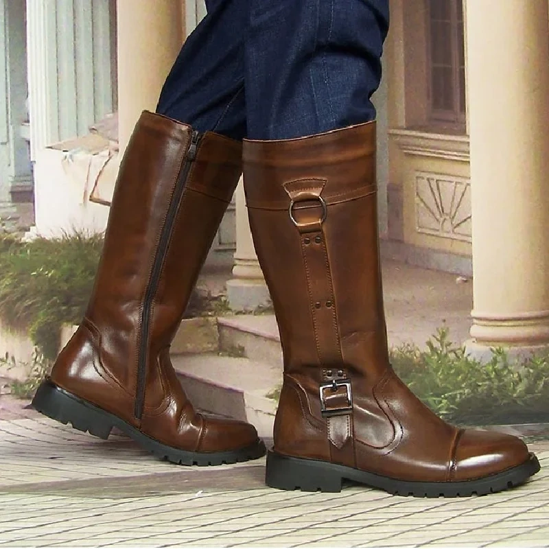 Spring Autumn New British Style Thick Heels Buckle Belt Sewing Full Grain Leather Men Knee-High Long Boots 2104