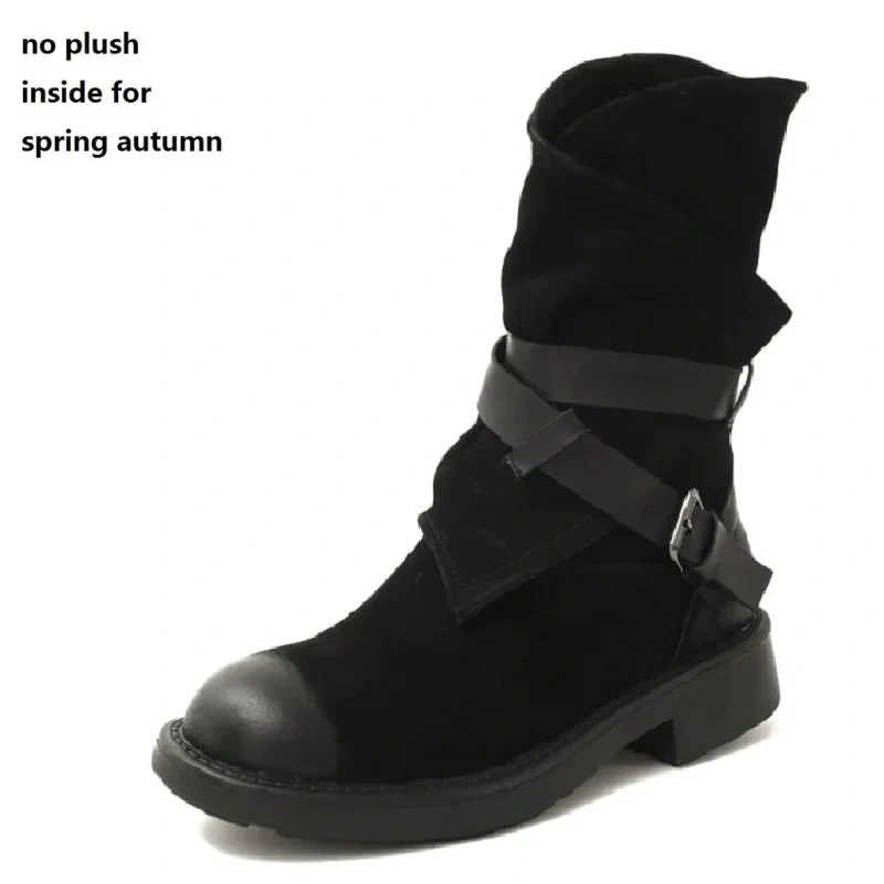 Spring Autumn British Style Retro Thick Heels Buckles Strap Genuine Leather Women Mid-Calf Half Motorcycle Boots Winter Plush