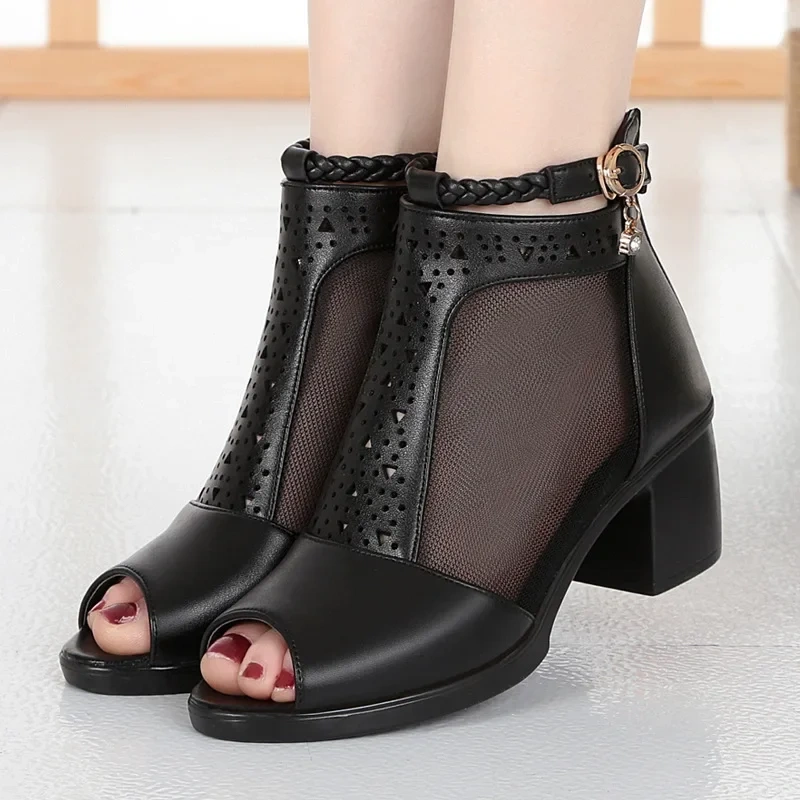 Summer New Fashion Thick High Heels Peep Toe Crystal Buckle Strap Cut Out Mesh Genuine Leather Women Ankle Short Modern Boots