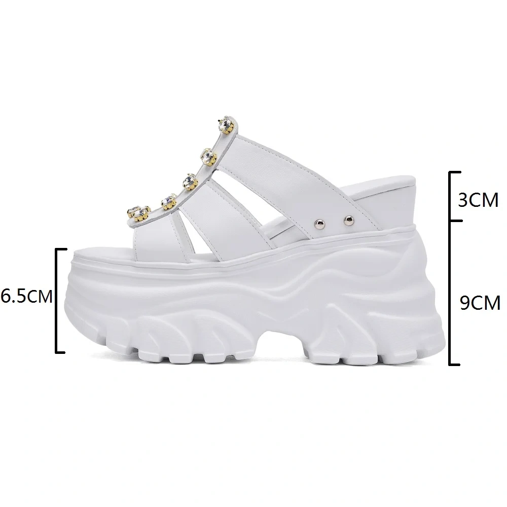 Women Summer New 12 CM Thick Sole Genuine Leather Peep Toe Sandals Rhinestone Rivets Slingbacks Slippers 50416