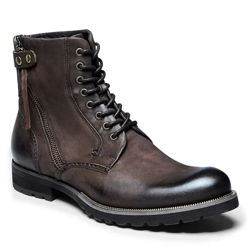 Spring Autumn New British Style Retro Chunky Bottom Rivet Sewing Cross-tied Genuine Leather Men Ankle High Top Motorcycle Boots