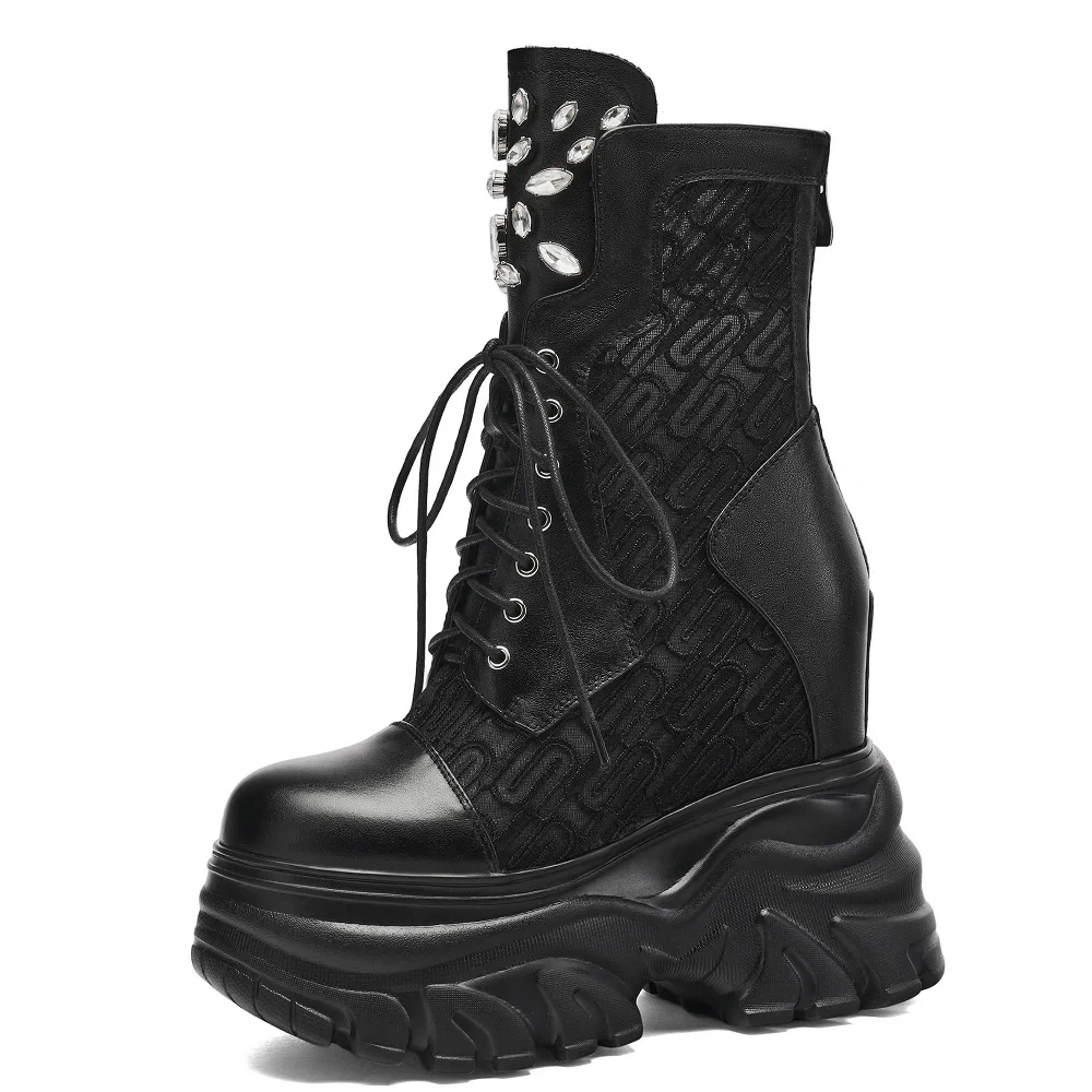 Summer New Slim Height Increasing Platform Cut Out Embroider Mesh Rhinestone Genuine Leather Women Ankle Short Modern Boots