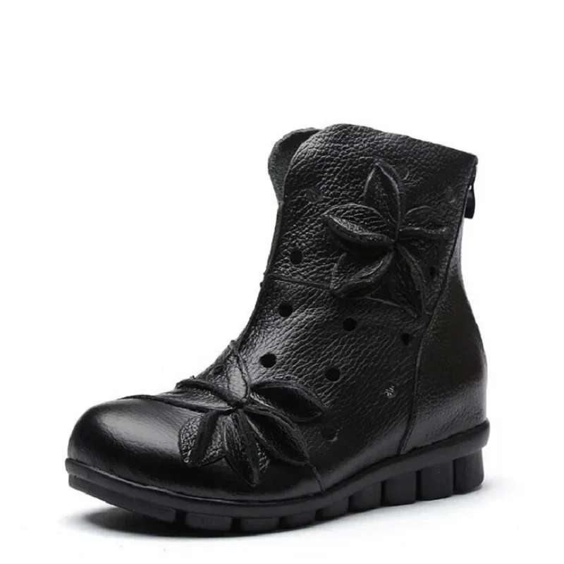 Spring Autumn Summer New Leisure Chunky Bottom Hollow Flowers Genuine Leather Women High Top Short Equestrian Boots 2410