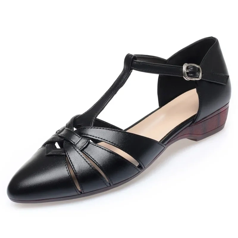 Summer New Fashion Thick Heels Pointed Toe Cut-outs Buckle Strap Plus Size 42 43 Genuine Leather Women Sandals 2206