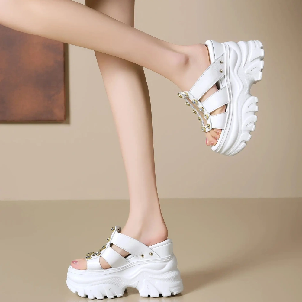 Women Summer New 12 CM Thick Sole Genuine Leather Peep Toe Sandals Rhinestone Rivets Slingbacks Slippers 50416