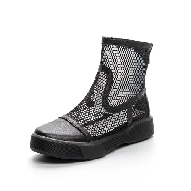 Summer New Korean Style Fashion Chunky Bottom Hollow Cut Out Mesh Patchwork Genuine Leather Women Ankle Short Modern Boots 2303