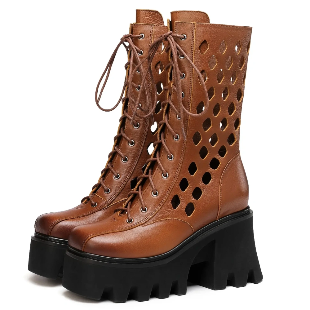 Summer New British Style Slim Height Increasing Platform Hollow Cross-tied Genuine Leather Women Mid-Calf Half Modern Boots 2305