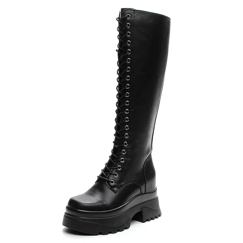 Spring Autumn Fashion Slim Height Increasing Platform Cross-tied Genuine Leather Women Knee-High Long Riding Equestrian Boots
