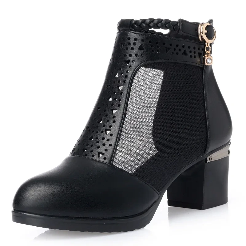 Summer New Fashion Thick High Heels Peep Toe Crystal Buckle Strap Cut Out Mesh Genuine Leather Women Ankle Short Modern Boots