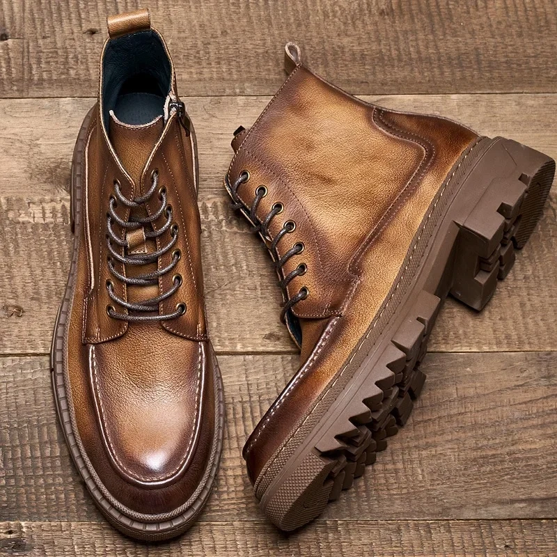 Spring Autmun New British Style Chunky Bottom Platformd Cross-tied Sewing Genuine Leather Men Ankle Short Motorcycle Boots 2304