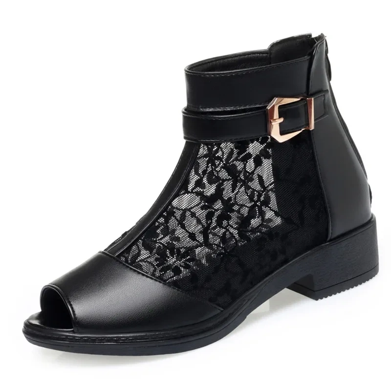 Summer New Fashion Thick Heels Peep Toe Embroidery Buckle Belt Cut Out Mesh Genuine Leather Women Ankle Short Gladiator Boots