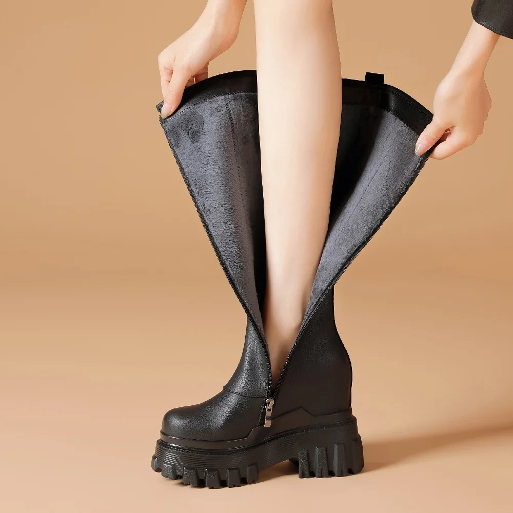 Spring Autumn New Slim Height Increasing Platform Cross-tied Genuine Leather Women Knee-High Long Modern Boots Winter Plush 2310