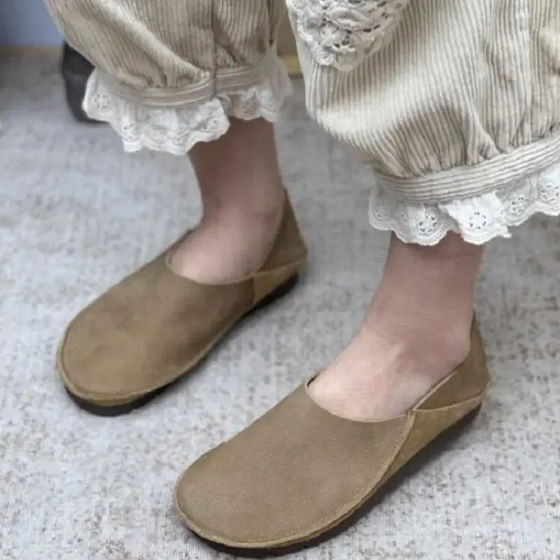 Women Flats Spring Autmun New Leisure Retro Chunky Bottom Square Toe Sewing Slip-On Genuine Leather Ladies Casual Lazy Shoes 230