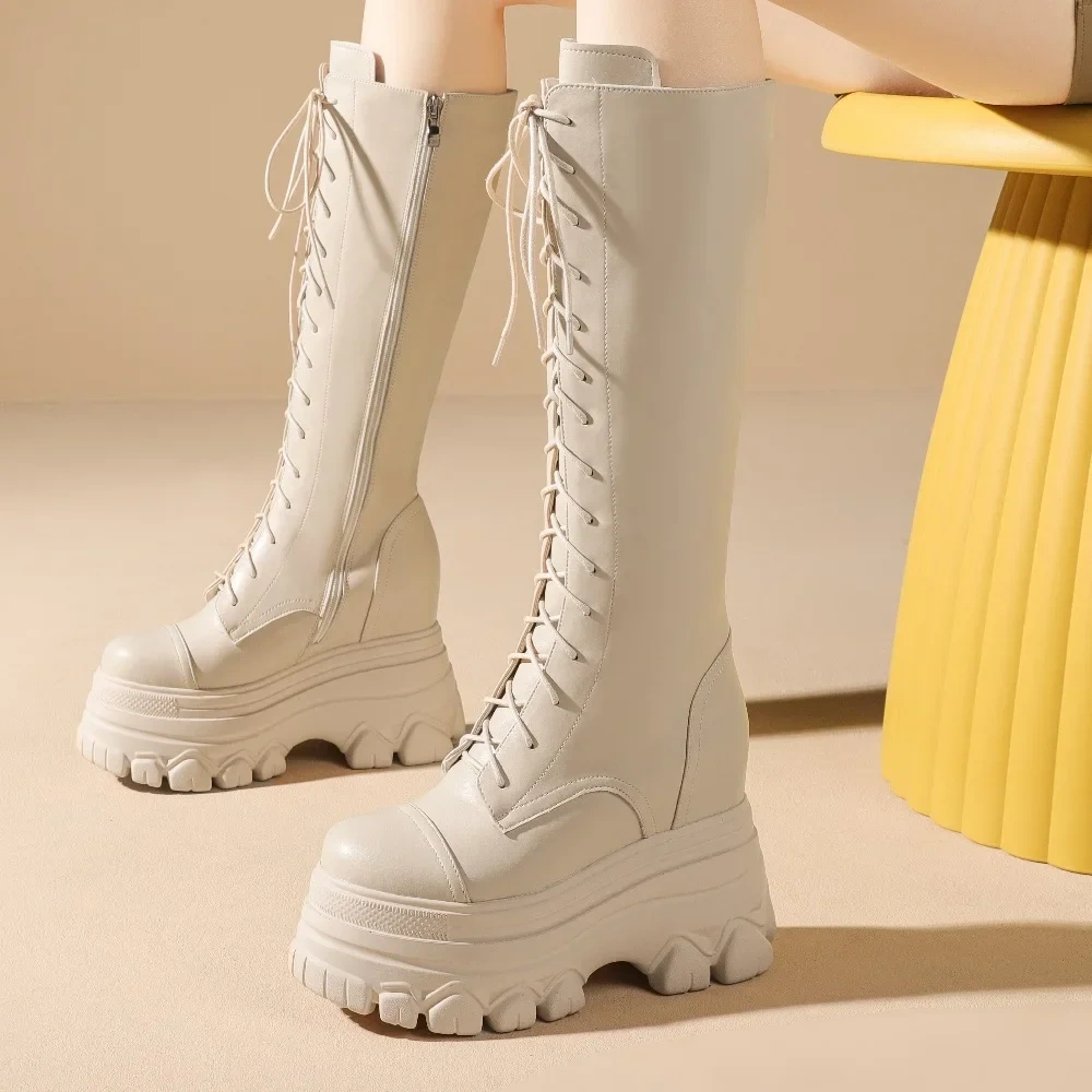 Spring Autumn Winter New Slim Height Increasing Platform Cross-tied Genuine Leather Women Knee-High Long Modern Boots 2309