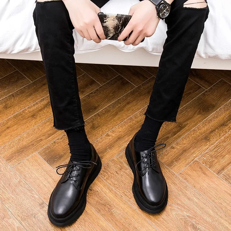 Spring Autumn New British Style Chunky Bottom Platform Lace-Up Black Size 38-44 Genuine Leather Men Business Derby Shoes 2312