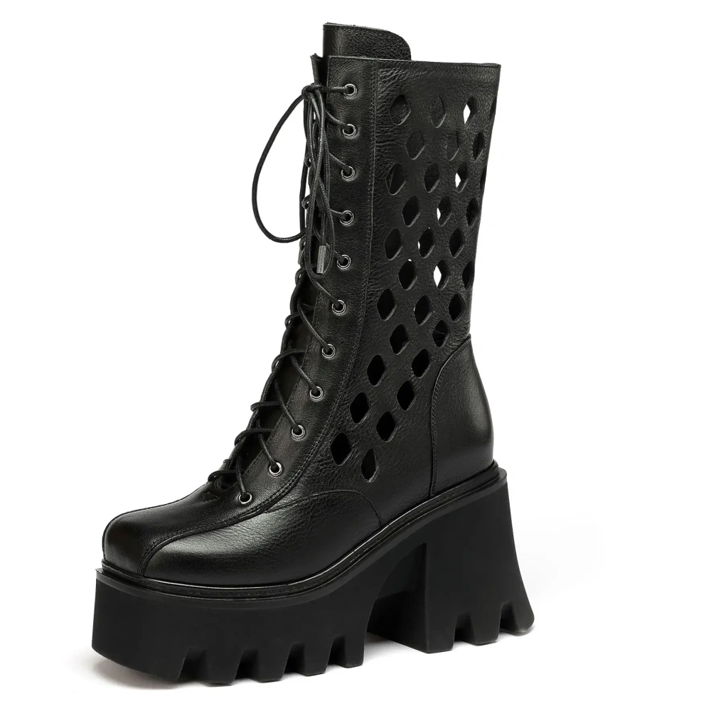 Summer New British Style Slim Height Increasing Platform Hollow Cross-tied Genuine Leather Women Mid-Calf Half Modern Boots 2305