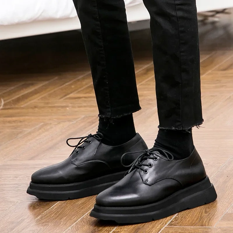Spring Autumn New British Style Chunky Bottom Platform Lace-Up Black Size 38-44 Genuine Leather Men Business Derby Shoes 2312