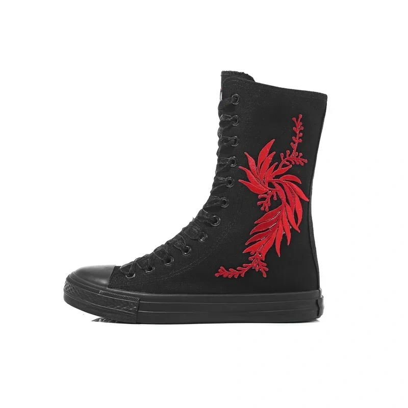 Korean Style Fashion Slim Casual High-top Plus Size 42 43 Canvas Cross-tied Ladies Dance Shoes Zipper Women Mid-Calf Half Boots