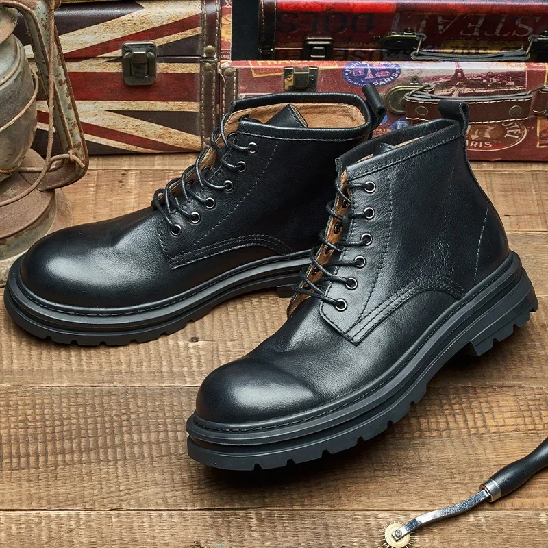 Spring Autmun New Arrival British Style Retro Thick Heels Sewing Genuine Leather Men Ankle Short Motorcycle Boots Winter Plush