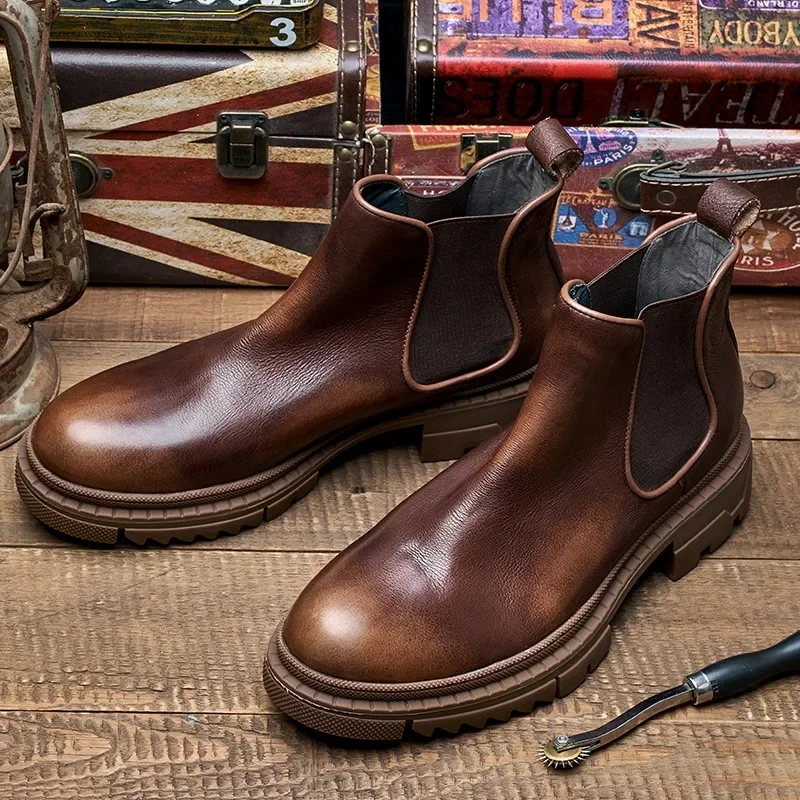 Spring Autumn Men Genuine Leather Round Toe Chunky Bottom Short Boots Thick Warm Fashion Retro Mixed Colors Single Shoes 230228