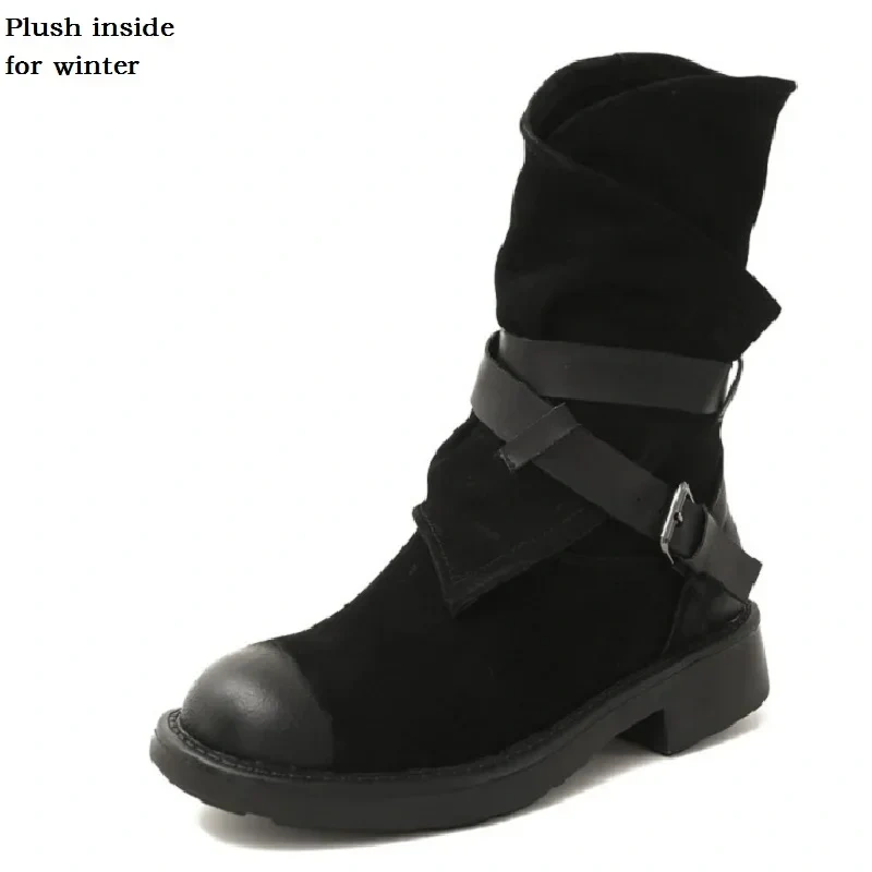 Spring Autumn British Style Retro Thick Heels Buckles Strap Genuine Leather Women Mid-Calf Half Motorcycle Boots Winter Plush
