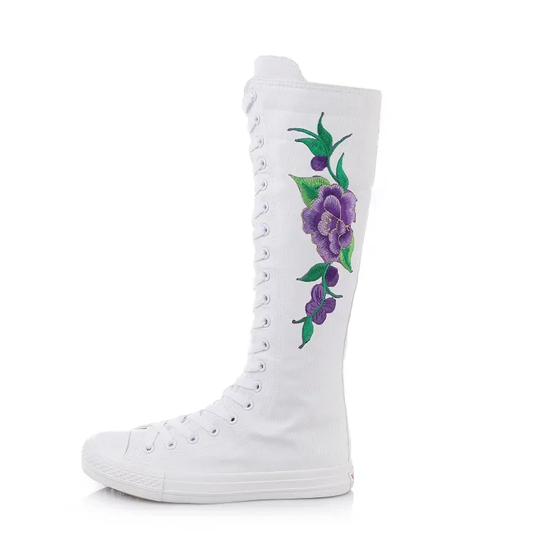 Women Dance Shoes Korean Style Slim Cross-tied Embroider Flowers Plus Size 42 43 Canvas Ladies Knee-High Long Equestrian Boots
