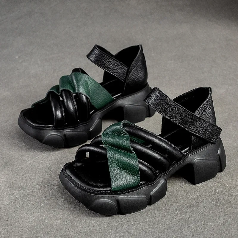 Summer New Retro Chunky Bottom Thick Heels Platform Peep Toe Mixed Colors Narrow Band Genuine Leather Women Gladiator Sandals