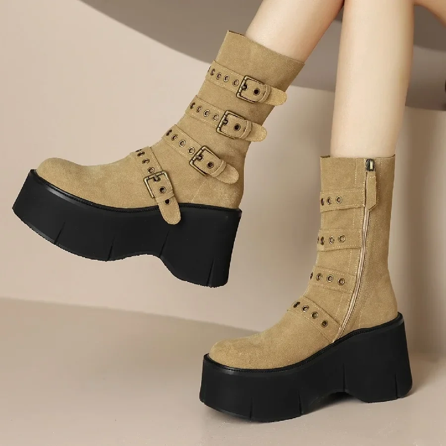 Spring Autumn New Punk Style Super High Heels Platform Belt Buckle Genuine Leather Women Mid-Calf Half Modern Boots Winter Plush