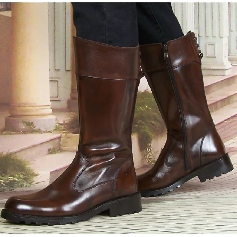 Spring Autumn British Style Thick Heels Brown Genuine Leather Men Mid-Calf Knight Boots Male Half Equestrian Botas 0928