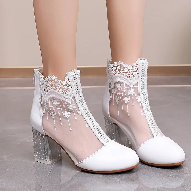 Summer New Arrival Fashion Thick High Heels Crystal Embroidery Cut Out Mesh Genuine Leather Women Ankle Short Modern Boots 2304
