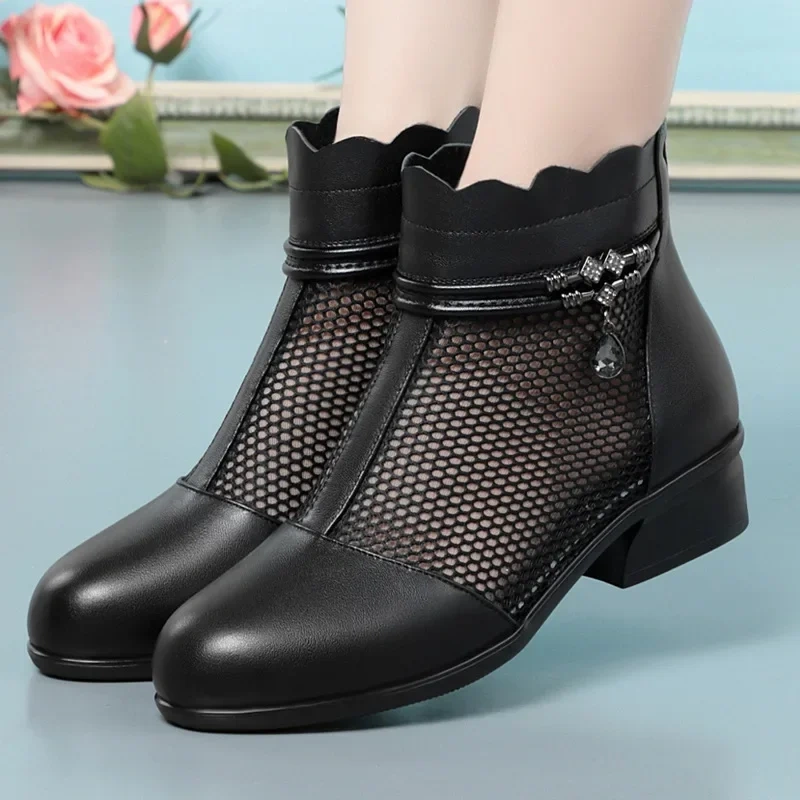 Summer Fashion Thick Heels Cut Out Mesh Rhinestone Narrow Band Plus Size 41 42 Genuine Leather Women Ankle Short Modern Boots