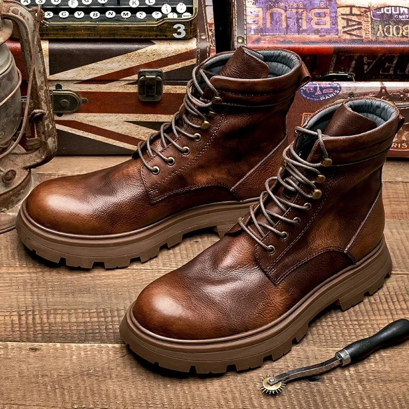 Spring Autmun New Arrival British Style Thick Bottom Sewing Cross-tied Genuine Leather Men Ankle Short Motorcycle Boots 2304