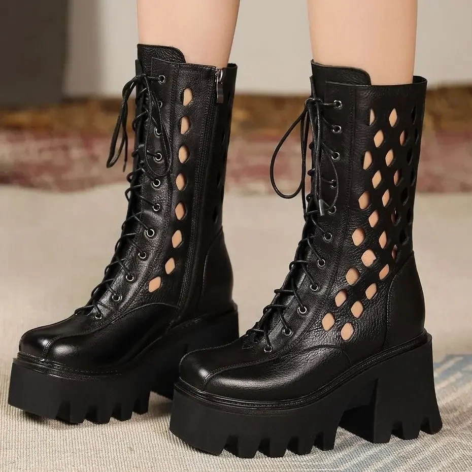 Summer New British Style Slim Height Increasing Platform Hollow Cross-tied Genuine Leather Women Mid-Calf Half Modern Boots 2305
