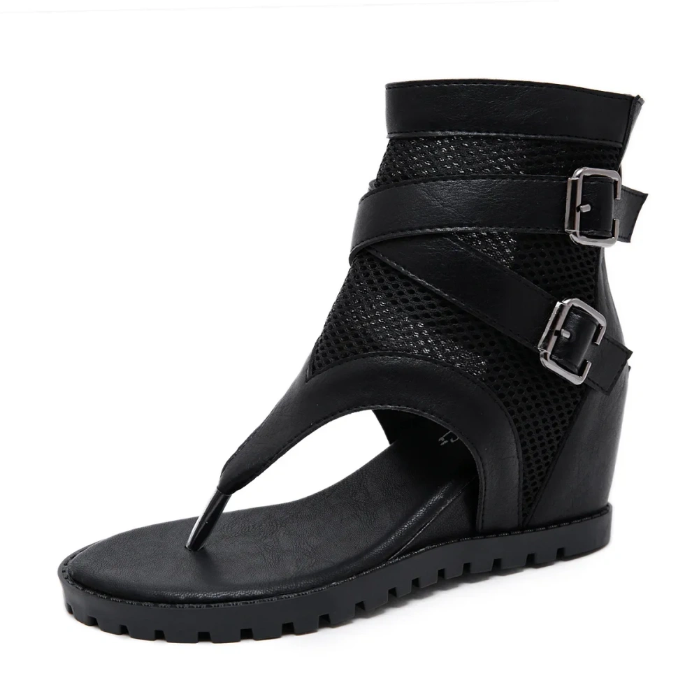 Summer New Fashion Wedges Flip Flop Narrow Band Buckle Belt Cut Out Mesh Patent Leather Women Ankle Short Gladiator Boots 2304